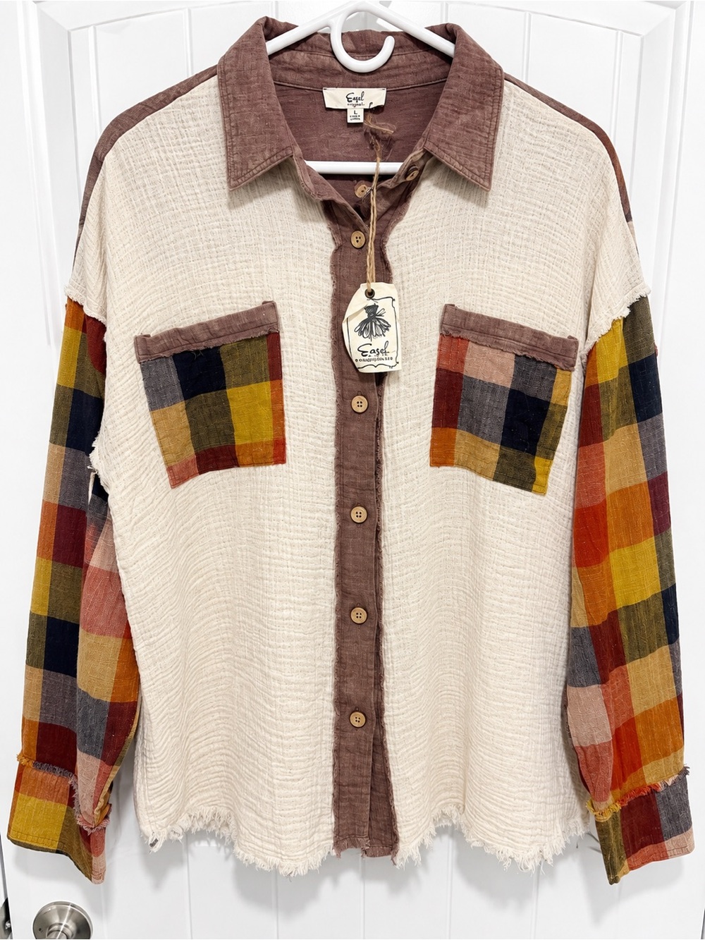 NWT Easel Los Angeles L Patchwork Gauze Oversized Boho Button Down Shirt